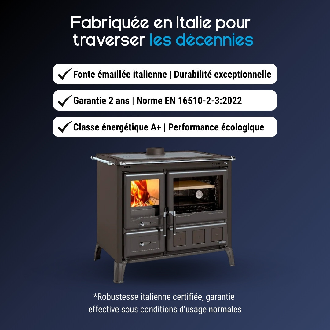 Cuisinière bois Gardenia XXL Steel anthracite avec four et foyer vitré, fonte émaillée italienne 10.5kw