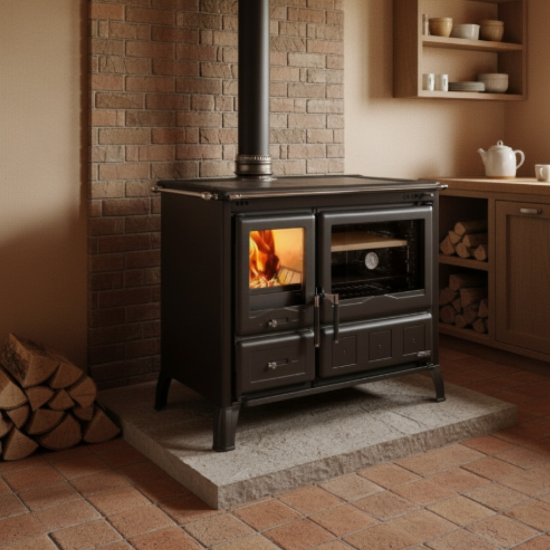 Cuisinière à bois acier noir avec four et foyer allumé installée dans une cuisine rustique