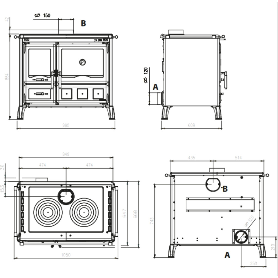 Plan technique avec dimensions de la cuisinière à bois Gardenia XXL Steel vue face, profil, dessus et dessous