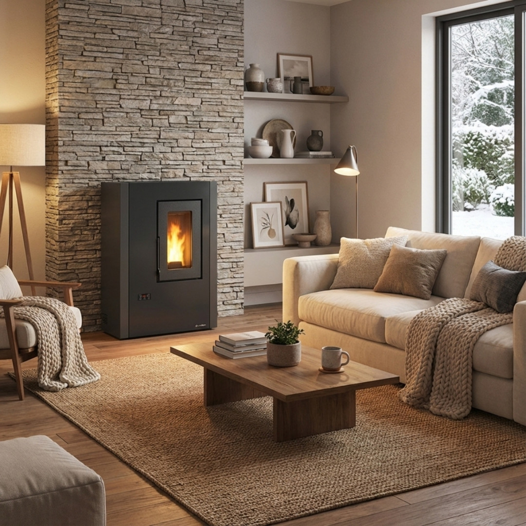 Poêle à granulés Extraflame anthracite 7 kW installé dans salon moderne avec parement pierre