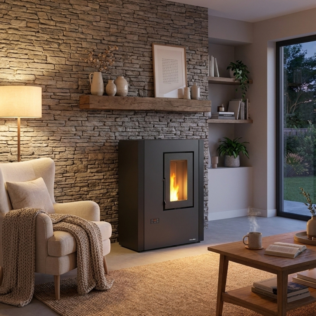 Poêle à granulés Extraflame Luisella gris anthracite 7 kW installé dans salon moderne avec mur en pierre