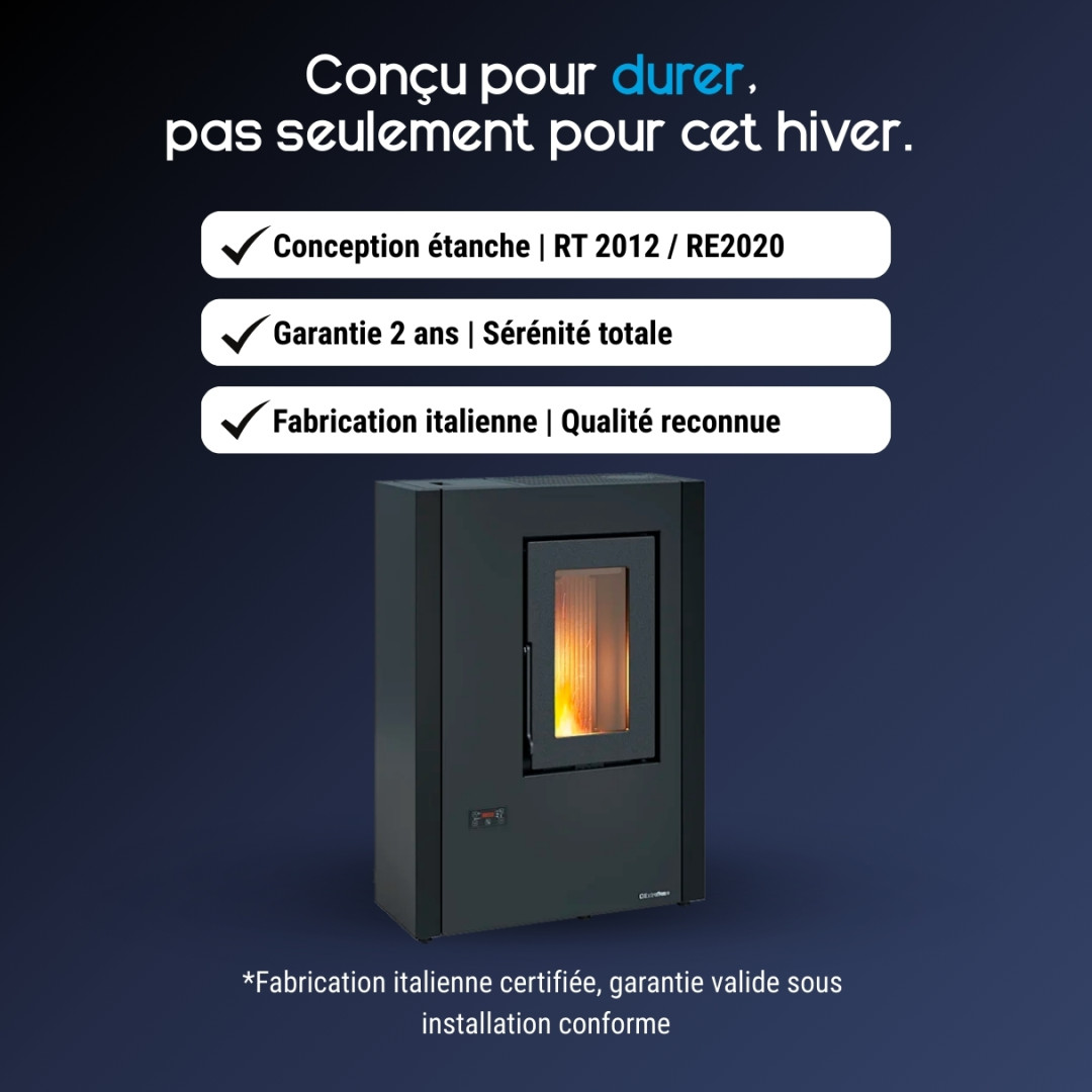 Poêle à granulés Extraflame Luisella 5.0 Maxi 7 kW finition gris anthracite étanche certifié RT 2012