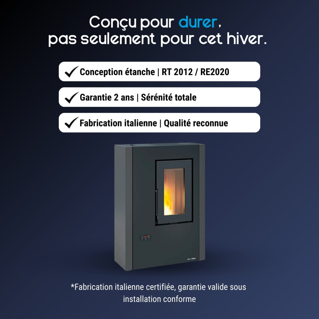 Poêle à granulés Extraflame Luisella 5.0 Maxi anthracite 7 kW design compact certifié RT 2012