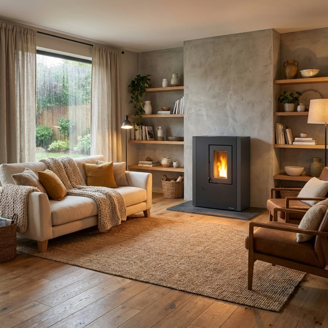 Poêle à granulés Extraflame anthracite 7 kW installé dans un salon moderne et chaleureux