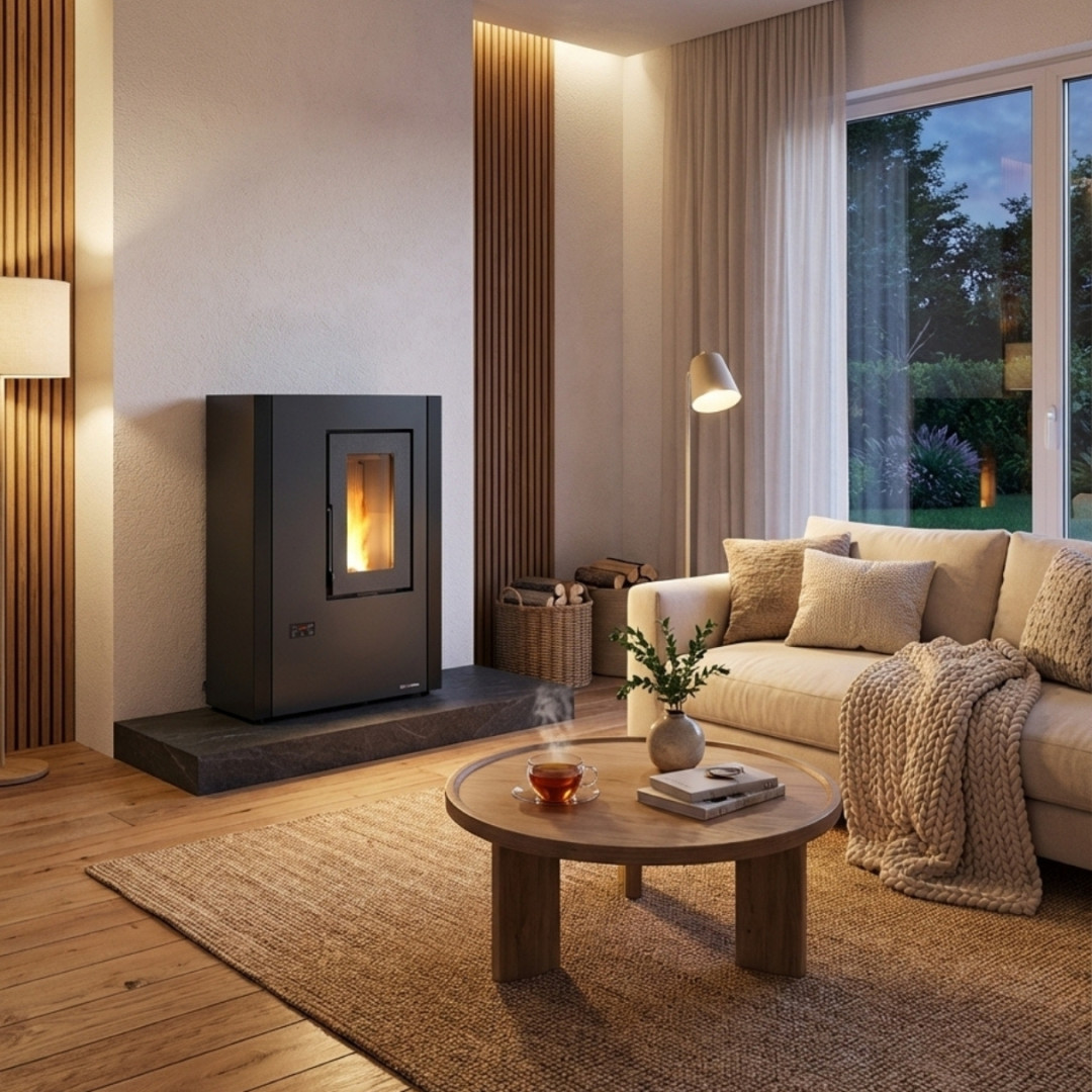 Poêle à granulés Extraflame Luisella anthracite 7 kW installé dans salon moderne avec flamme allumée