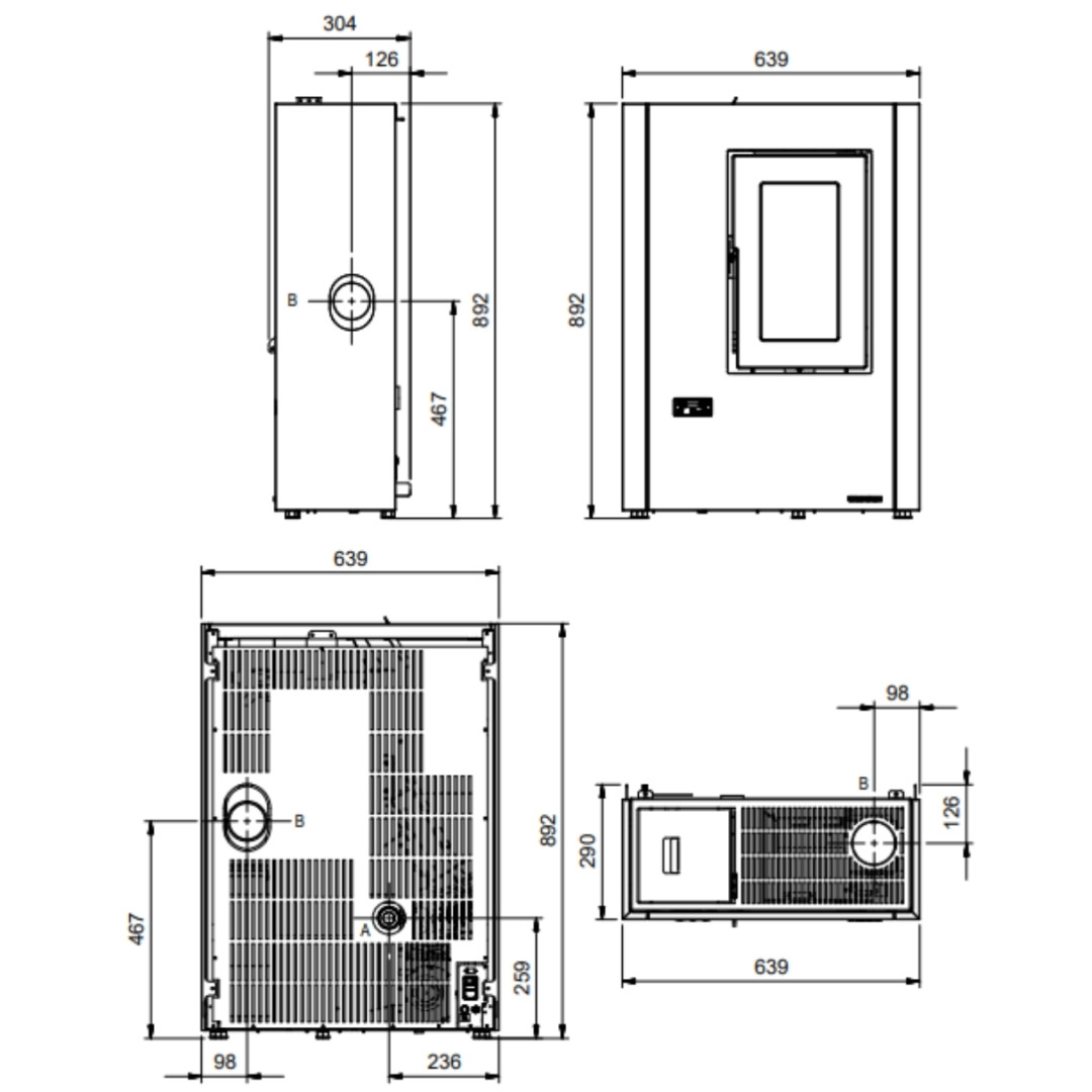 Plan technique et dimensions du poêle à granulés Extraflame Luisella 5.0 Maxi 7 kW