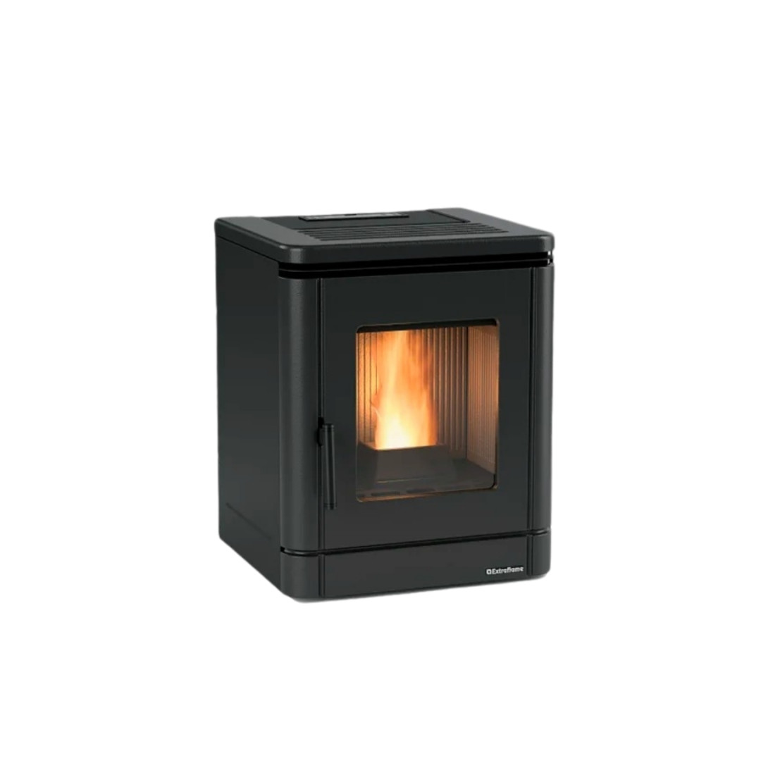 Poêle à granulés compact PEGGY en acier noir avec vitre et flamme visible, puissance 5,1 kW