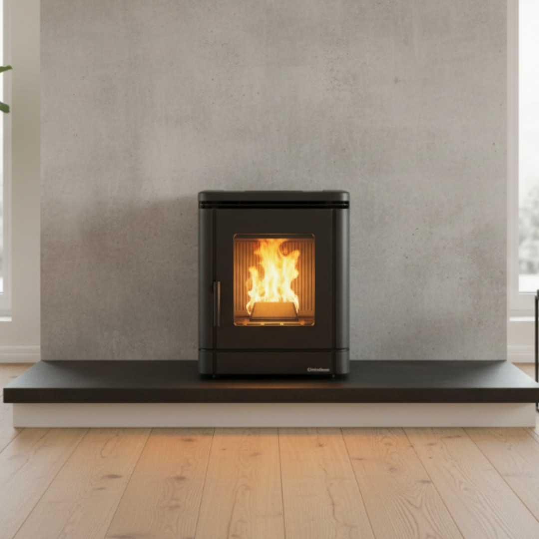 Poêle à granulés PEGGY noir 5,1Kw en situation, design compact avec vitre panoramique et flammes visibles