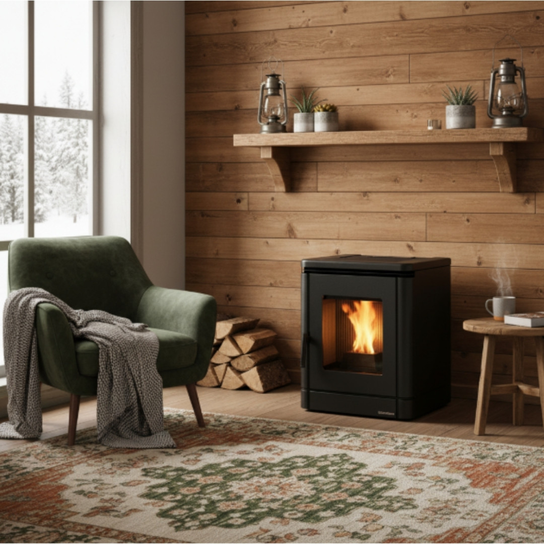 Poêle à granulés PEGGY noir 5,1Kw allumé dans un salon chaleureux avec décoration bois