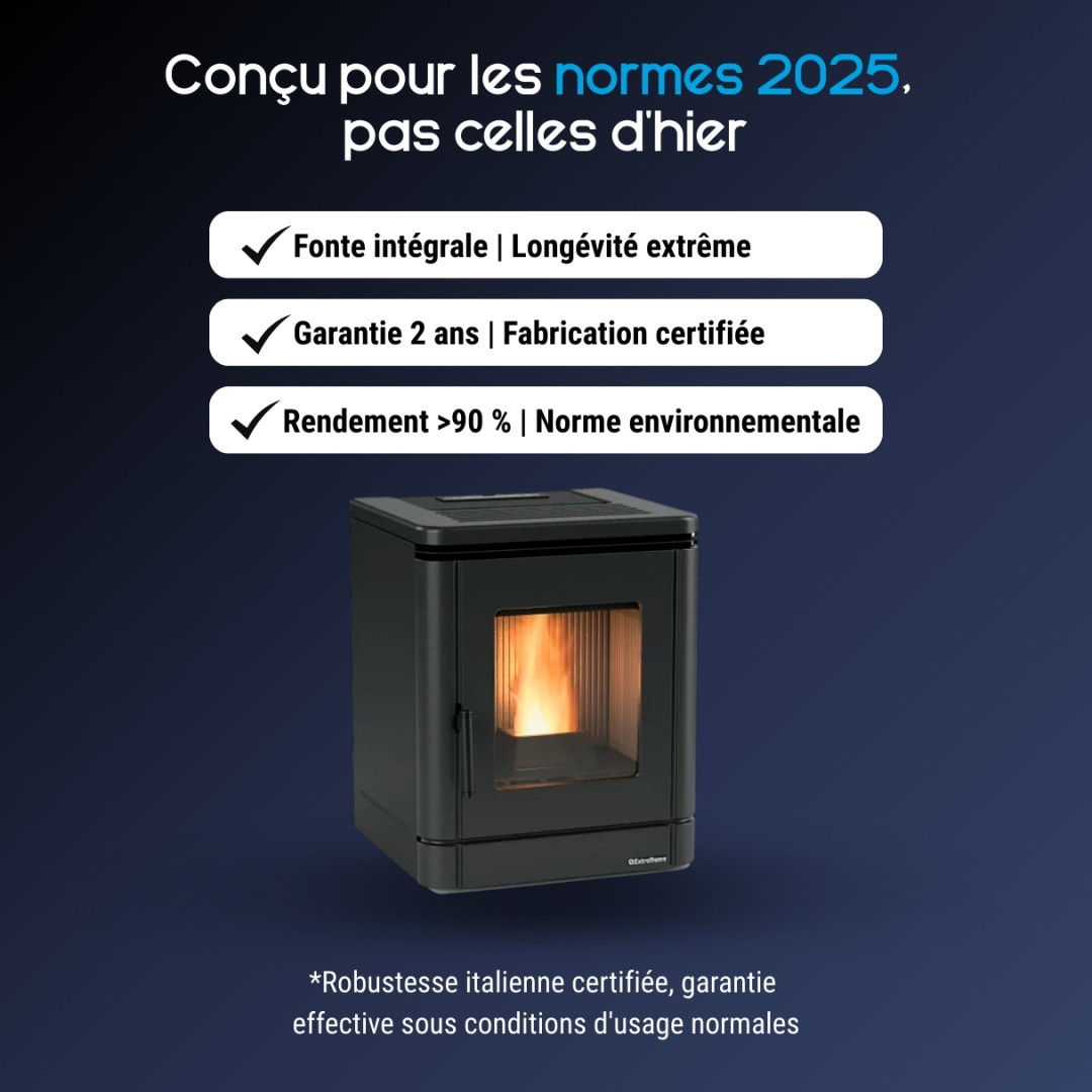Poêle à granulés PEGGY noir 5,1 kW conforme normes 2025 avec fonte intégrale et rendement supérieur à 90%