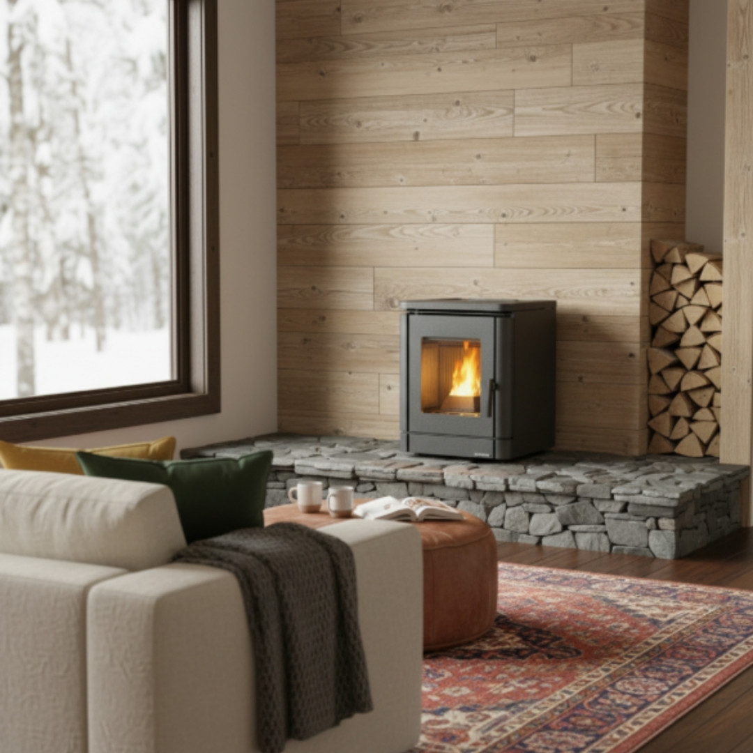 Poêle à granulés PEGGY noir 5,1Kw allumé dans un salon moderne avec mur bois et vue hivernale