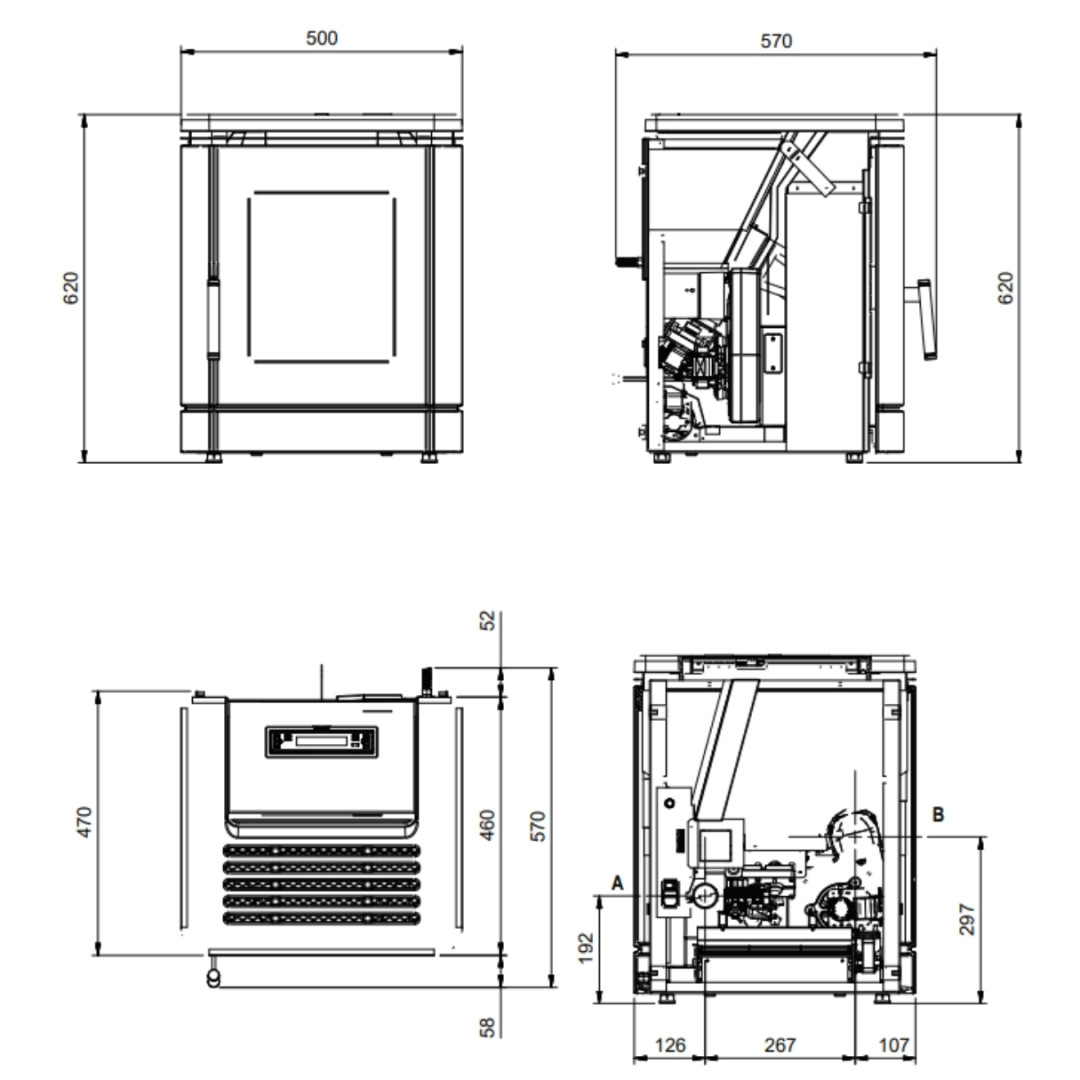 Plan technique et dimensions du poêle à granulés PEGGY 5,1Kw avec vues face, profil et coupe
