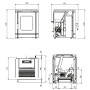 Plan technique et dimensions du poêle à granulés PEGGY 5,1Kw avec vues face, profil et coupe