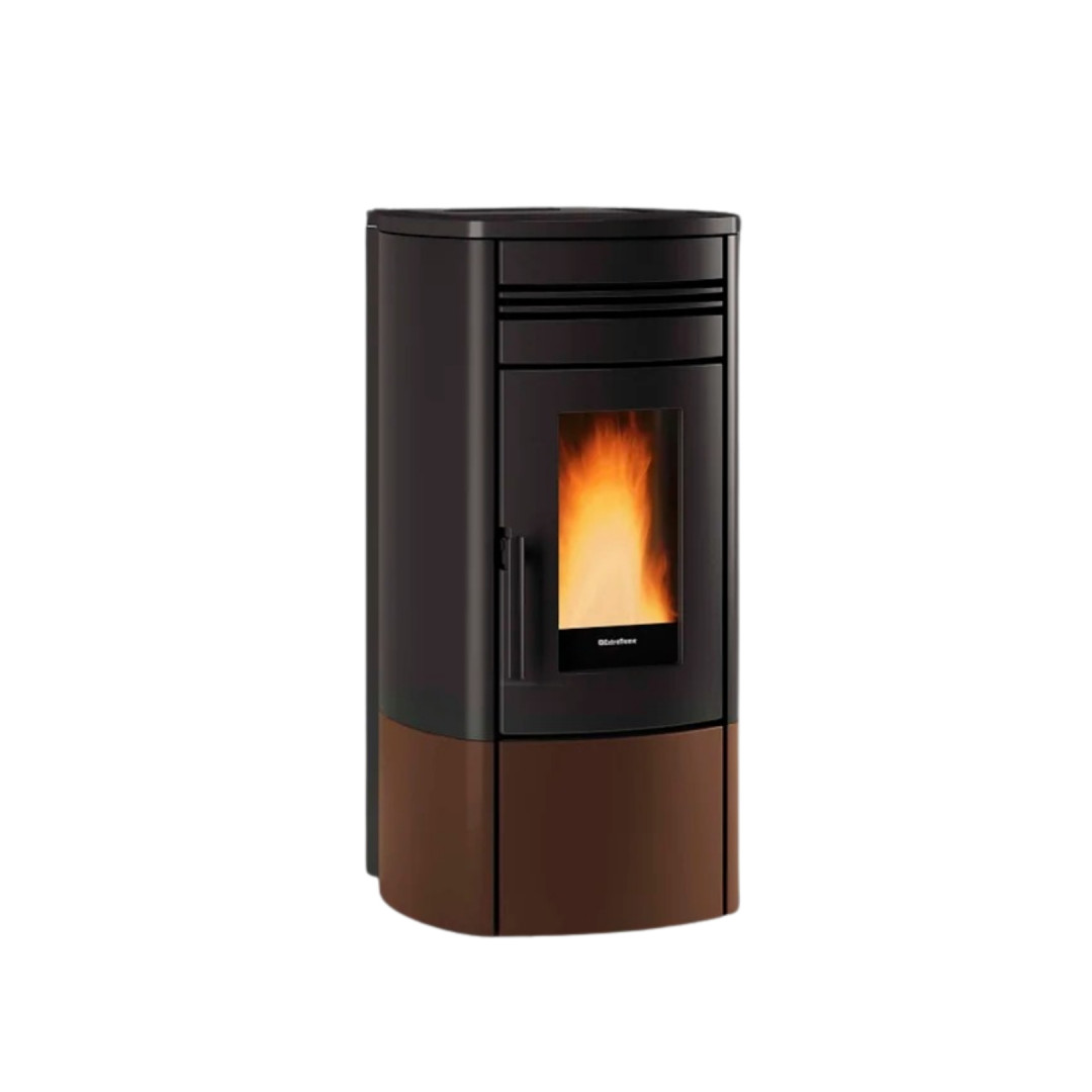 Poêle à granulés Noris 12 kW design noir et marron avec flamme visible et grilles de ventilation