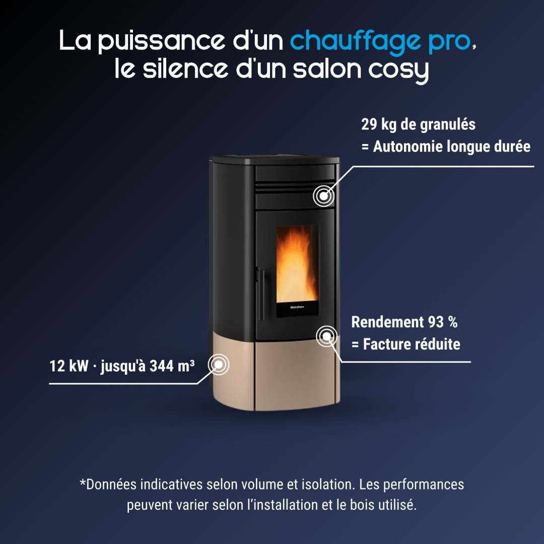 Poêle à granulés Noris 12 kW étanche noir et beige avec réservoir 29 kg et rendement 93%