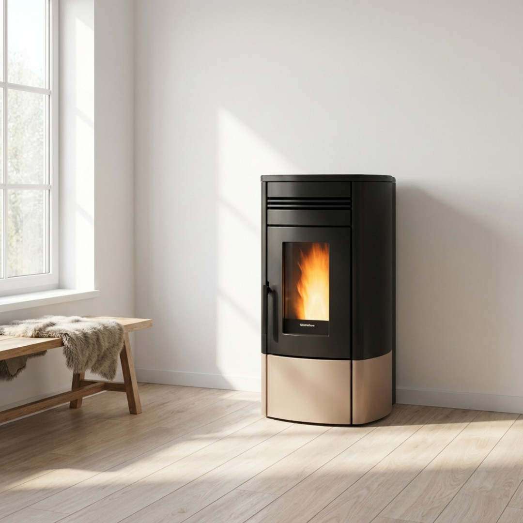 Poêle à granulés Noris 12 kW noir et beige allumé dans un salon moderne avec parquet clair
