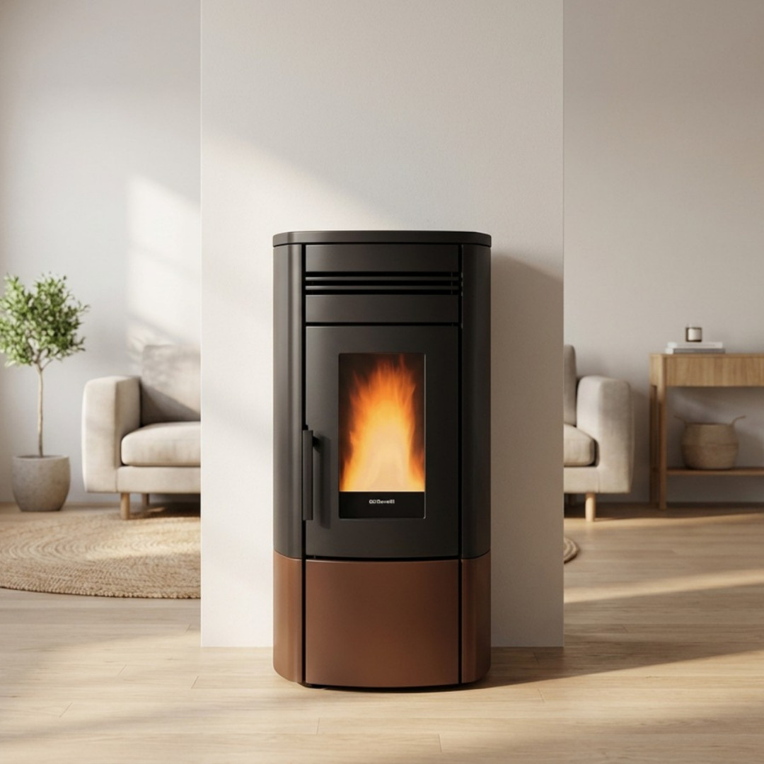 Poêle à granulés Noris 12 kW étanche noir et cuivre allumé dans salon moderne