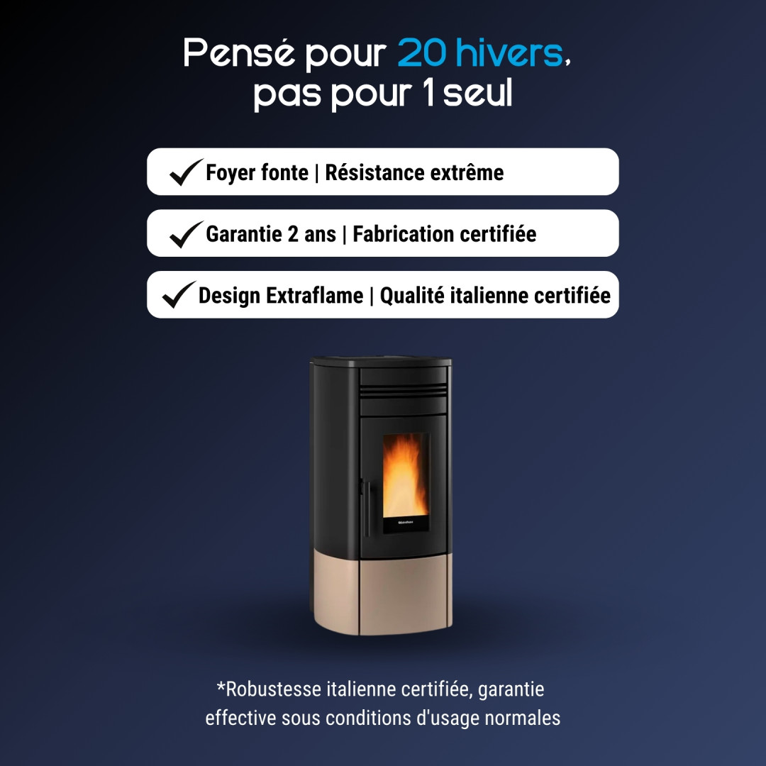Poêle à granulés Noris étanche noir et beige avec foyer fonte et design italien certifié