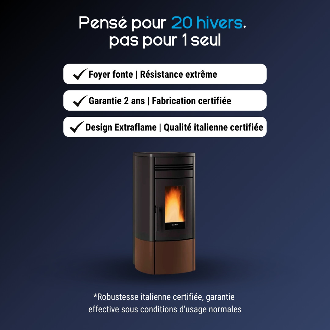 Poêle à granulés Noris 12 kW en fonte noire et cuivre avec foyer allumé et design italien moderne