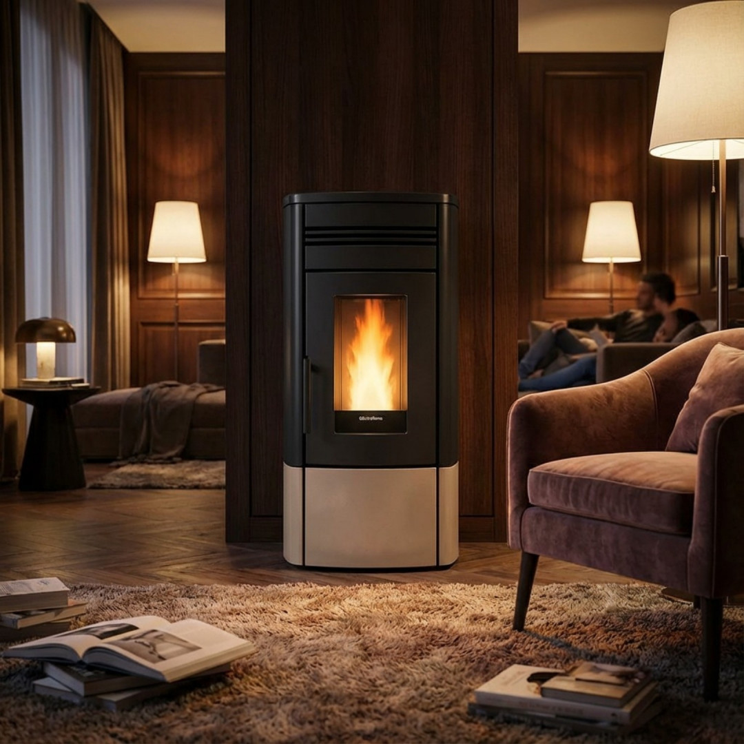 Poêle à granulés Noris 12 kW noir et beige allumé dans un salon contemporain avec boiseries
