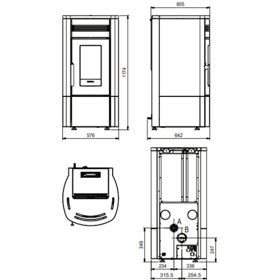 Plan technique du poêle à granulés Noris 12 kW avec dimensions et vues face, profil et dessus