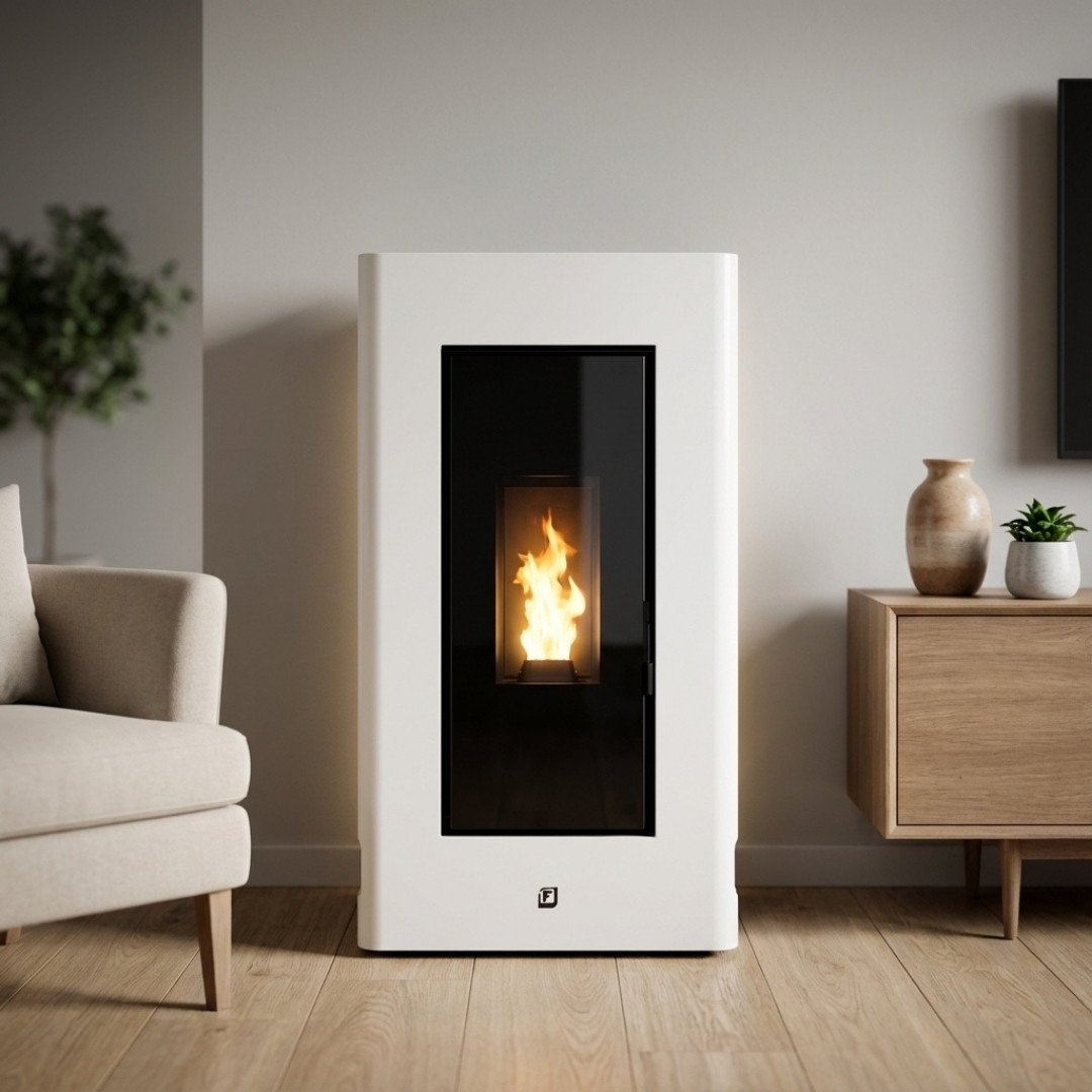 Poêle à granulés Duke 14 kW design moderne blanc et noir en situation dans un salon contemporain