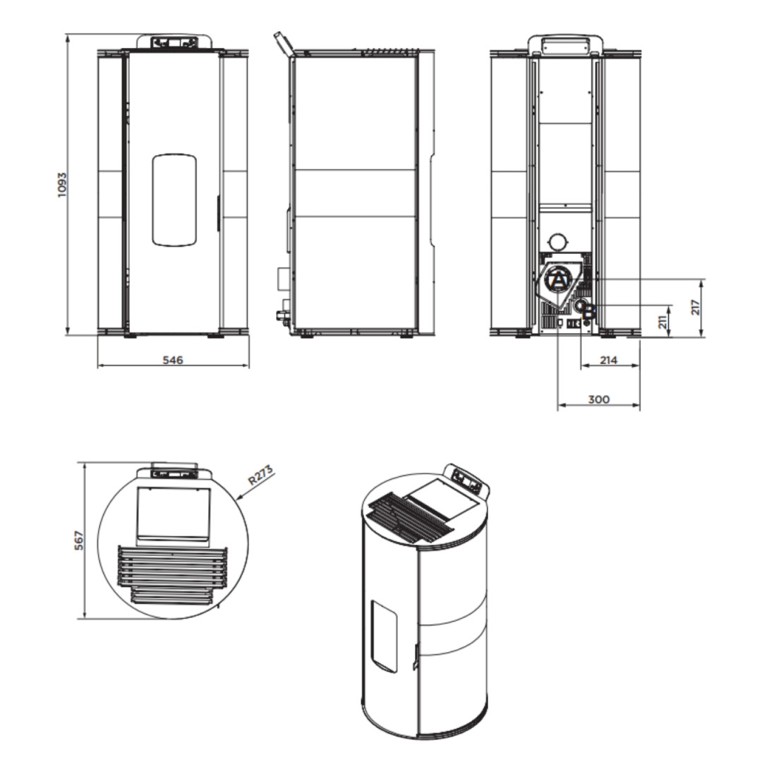 Plan technique et dimensions du poêle à granulés étanche Lorena 9 kW avec cotes d'encombrement