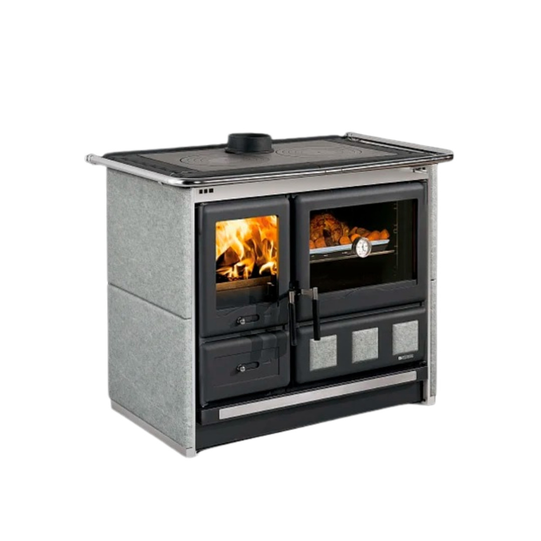 Cuisinière à bois Rosa XXL Petra en pierre ollaire grise avec four et plaque de cuisson, puissance 11 kW