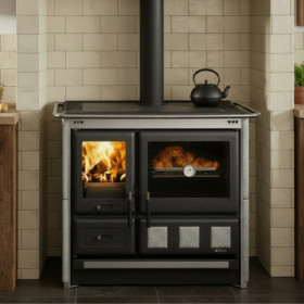 Cuisinière à bois Rosa XXL Petra avec four et plaque de cuisson, finition émaillée blanche et noire