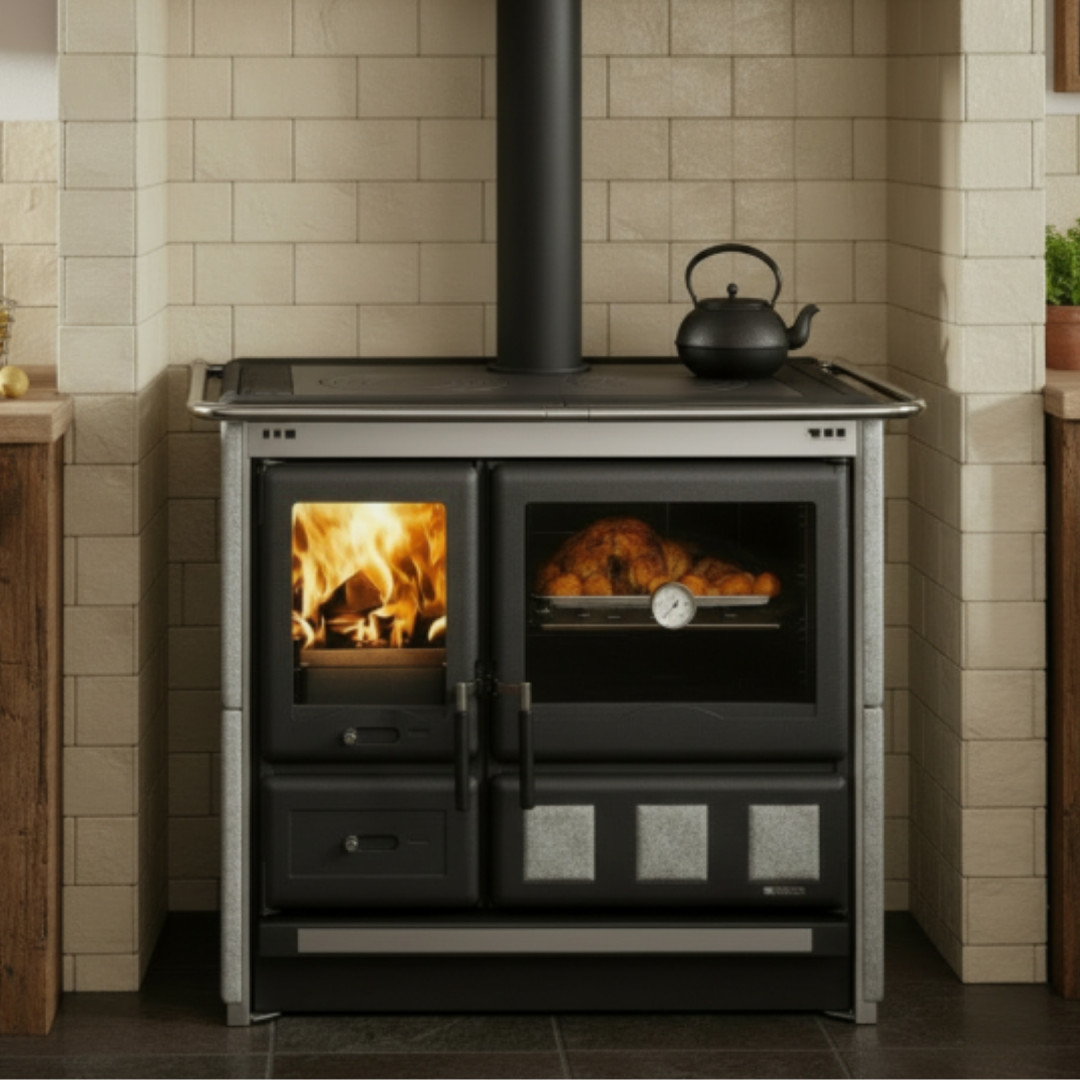Cuisinière à bois Rosa XXL Petra avec four et plaque de cuisson, finition émaillée blanche et noire