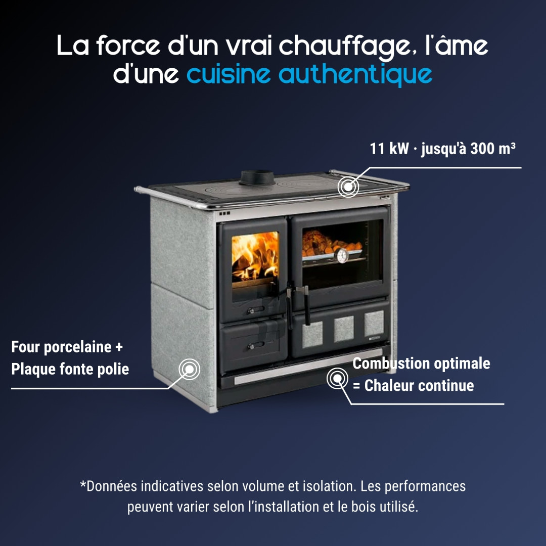 Cuisinière à bois Petra Rosa XXL avec four porcelaine, plaque fonte et foyer 11 kW pour chauffage jusqu'à 300 m³