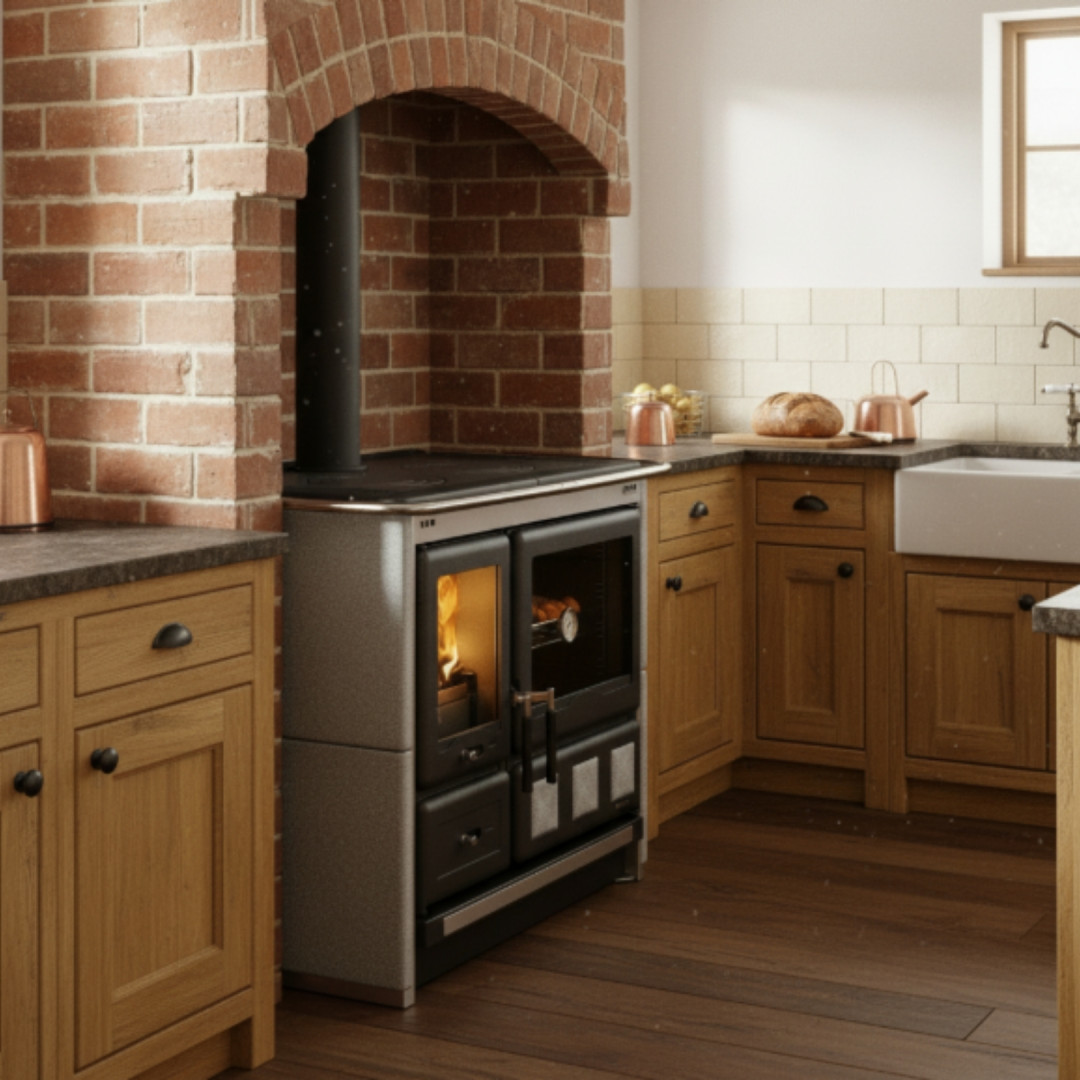 Cuisinière à bois Rosa XXL Petra 11 kW installée dans une cuisine rustique avec four à pain en brique