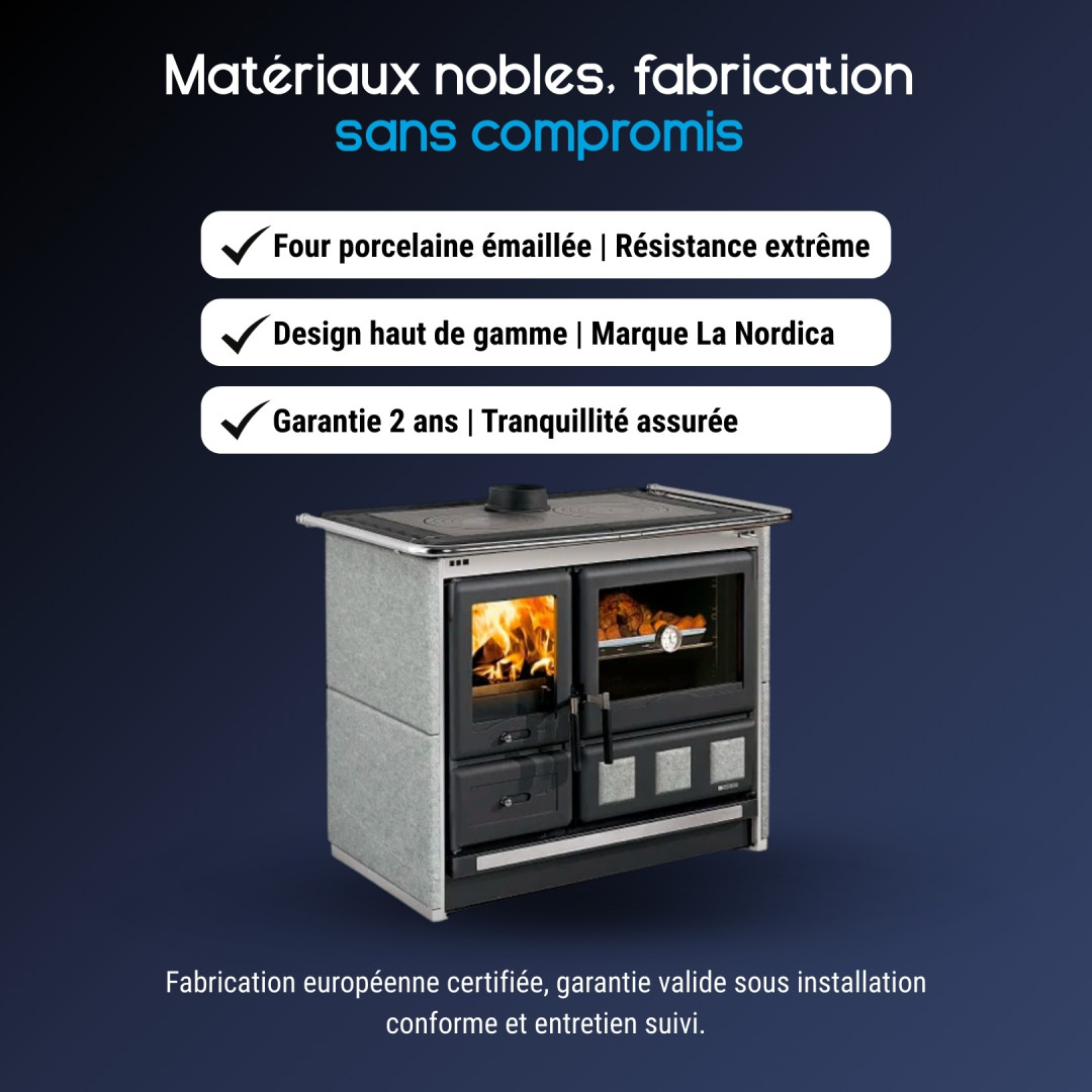 Cuisinière à bois La Nordica Rosa XXL Petra avec four porcelaine émaillée et habillage pierre ollaire gris