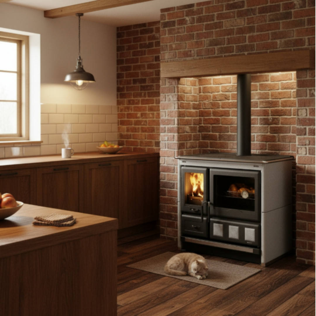 Cuisinière à bois Rosa XXL Petra 11 kW anthracite installée dans cuisine rustique avec four et foyer vitre