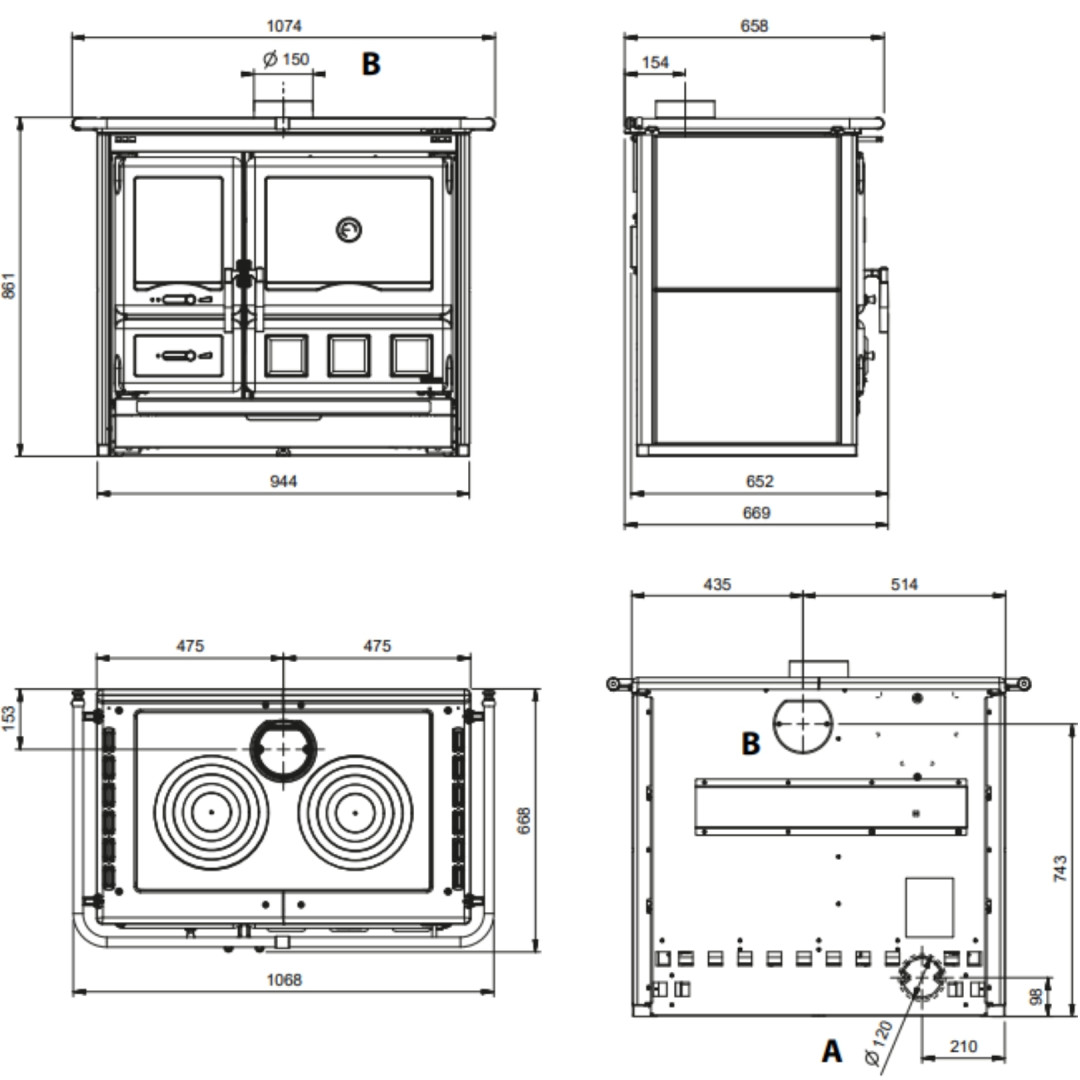 Plan technique de la cuisinière à bois Rosa XXL Petra avec dimensions et vues face, profil, dessus et arrière