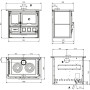 Plan technique de la cuisinière à bois Rosa XXL Petra avec dimensions et vues face, profil, dessus et arrière