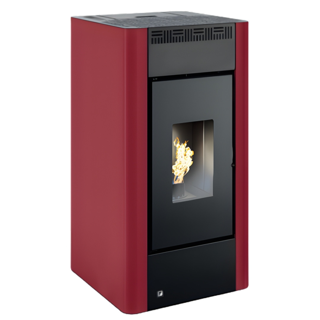 Poêle à granulés Maria 9 kW rouge bordeaux avec façade noire et vitre panoramique