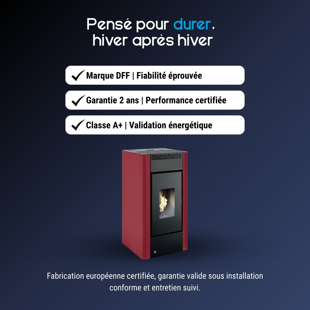 Poêle à granulés Maria 9 kW rouge et anthracite avec vitre et flamme allumée, classe A+