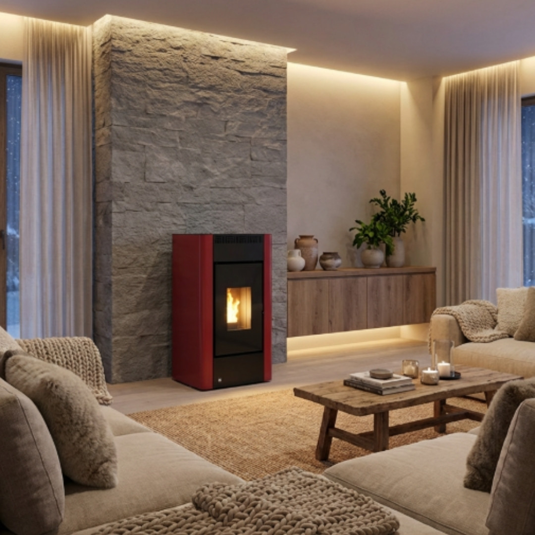 Poêle à granulés rouge bordeaux 9 kW Maria installé dans un salon moderne avec mur en pierre