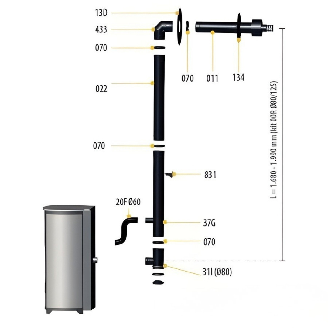 Schéma technique d'installation du kit ventouse pour poêle à granulés Maria 9 kW avec cotes