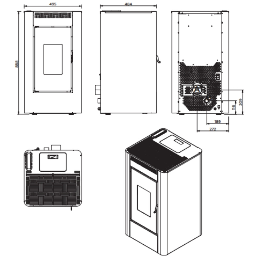 Plan technique du poêle à granulés Maria 9 kW avec dimensions et vues face, côté, dessus et arrière