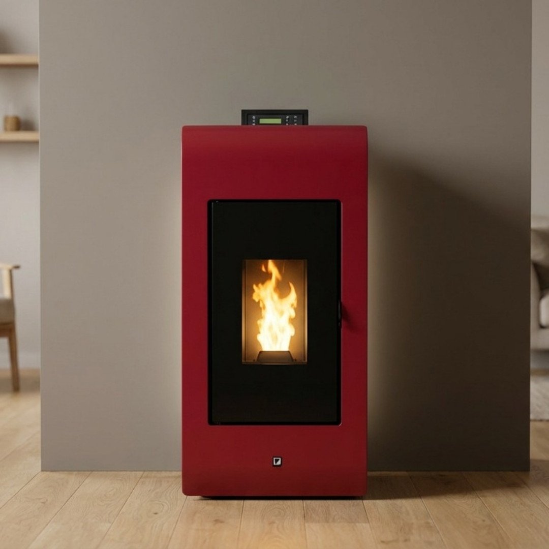 Poêle à granulés Kiara 8 kW rouge avec bandeau de commande numérique et vitre flamme en fonctionnement