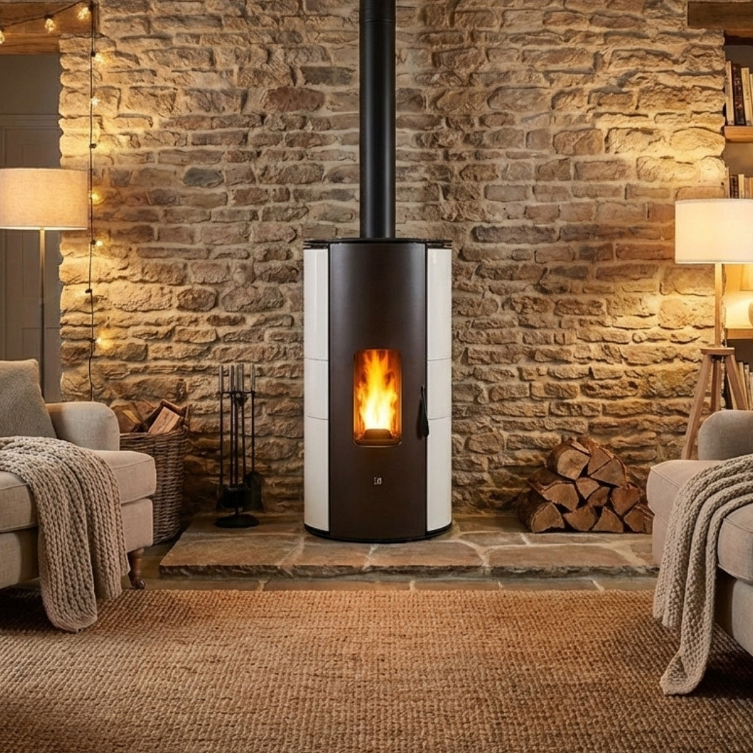 Poêle à granulés Lorena PJ 9Kw noir et blanc avec sortie cheminée verticale installé dans un salon