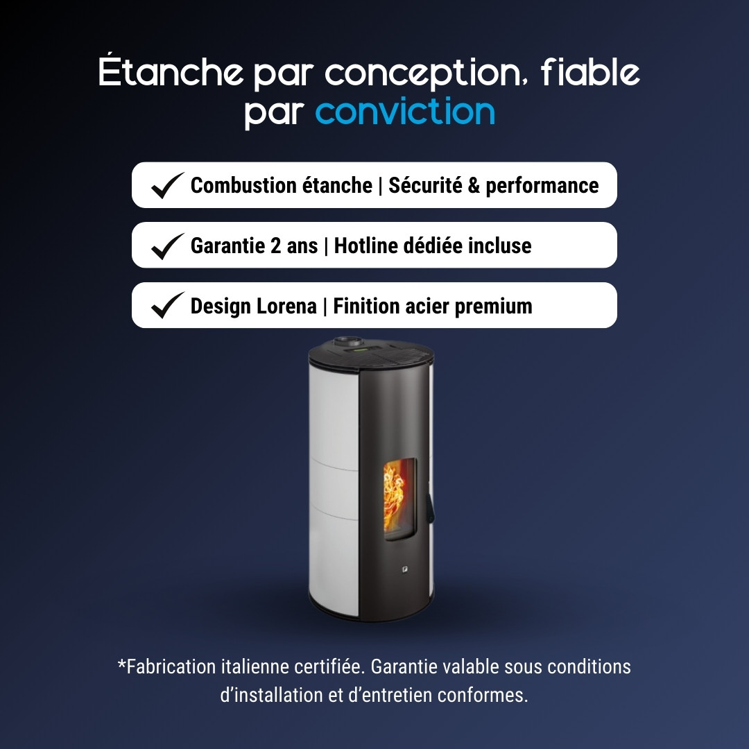 Poêle à granulés Lorena 9kW acier premium blanc et anthracite avec combustion étanche et kit ventouse