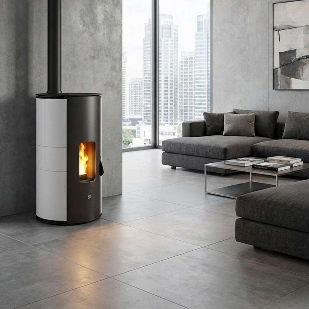 Poêle à granulés Lorena PJ 9Kw blanc et noir avec sortie supérieure installé dans un salon moderne