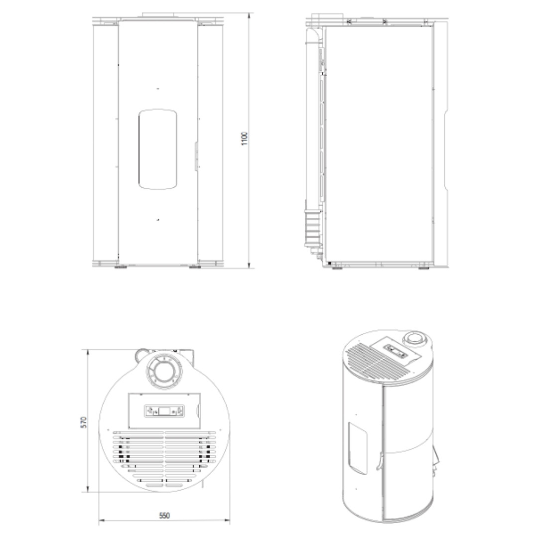 Plan technique et dimensions de la chaudière Lorena PJ 9Kw avec système de ventouse