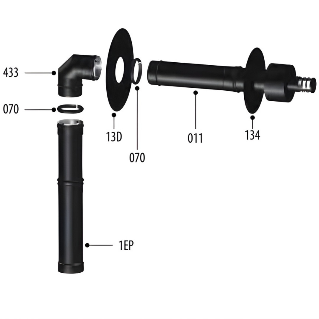 Schéma technique d'installation du kit ventouse pour poêle à granulés Lorena PJ 9Kw avec raccords