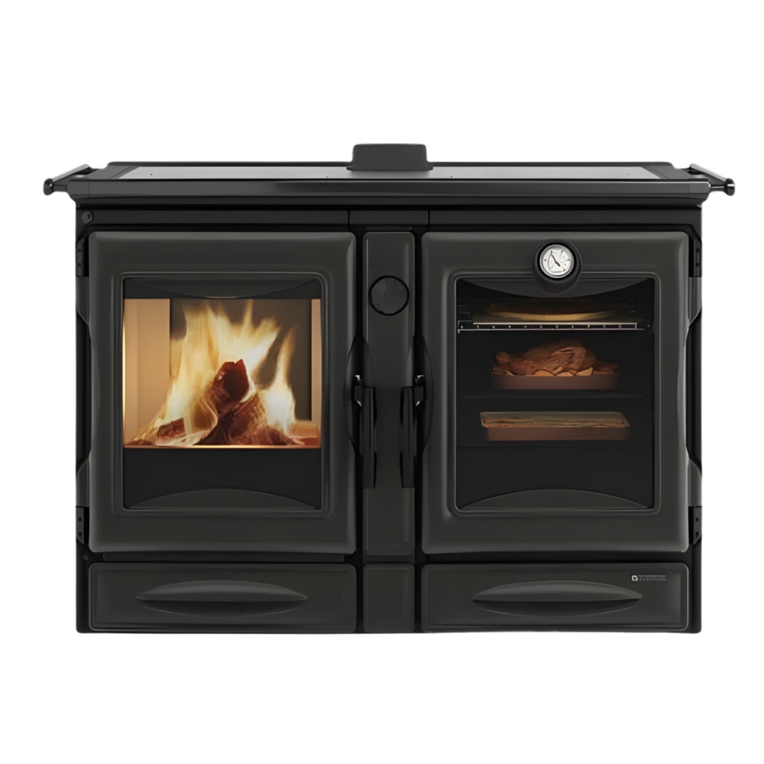 Cuisinière bois Alaska 12 kW noire avec four, foyer vitré et plaque de cuisson