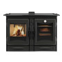 Cuisinière bois Alaska 12 kW noire avec four, foyer vitré et plaque de cuisson