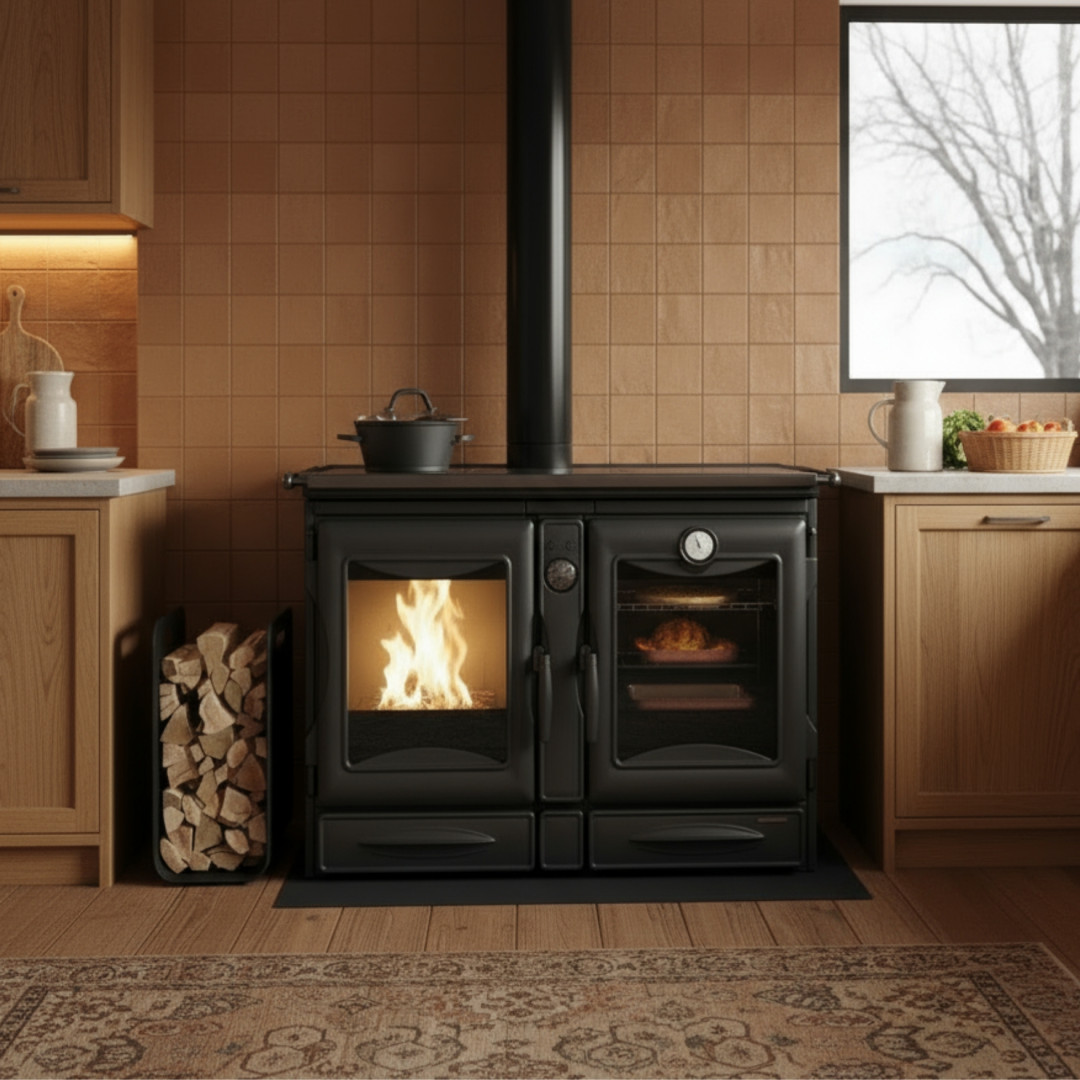 Cuisinière bois Alaska 12 kW noire avec four et foyer allumé, installée dans cuisine moderne